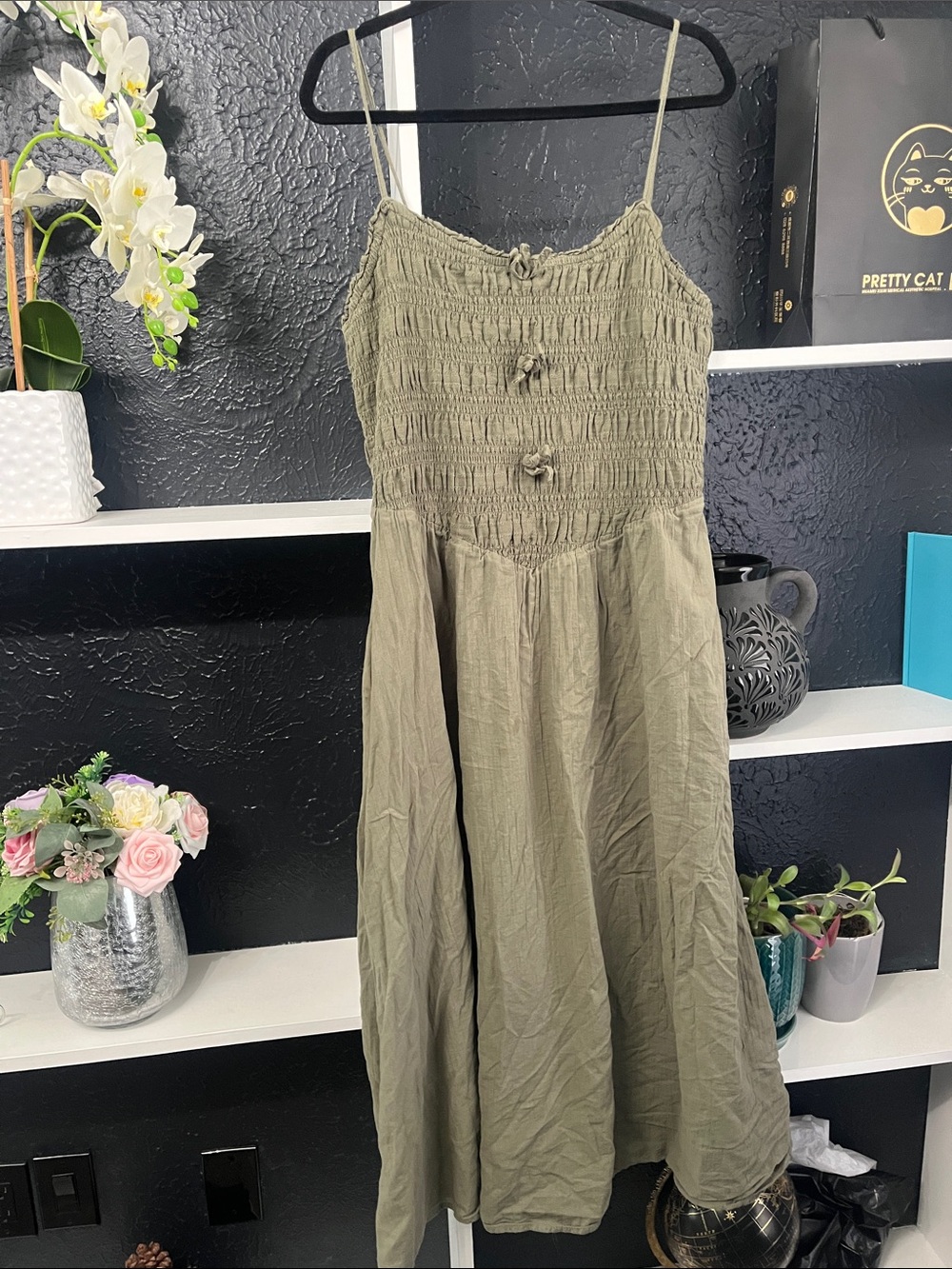 American Eagle Outfitters Olive Green Smocked Midi Dress L